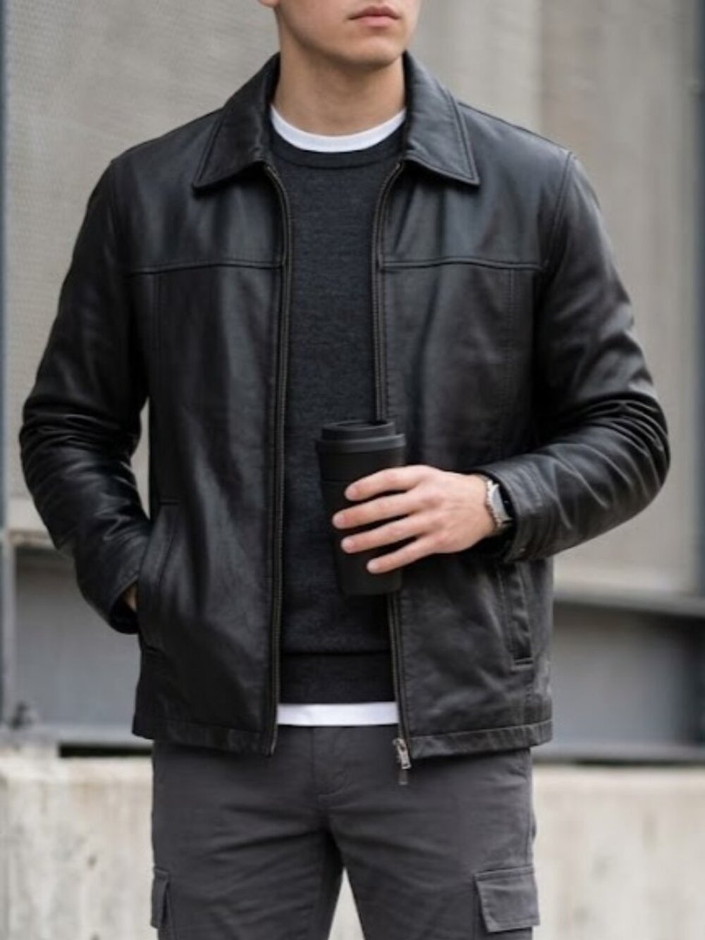 Merona Black Leather Jacket Mens Medium Minimalist Zip Front Coat